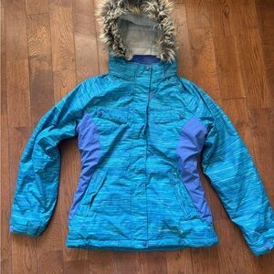 Free Country Blue Striped Puffer Jacket with Fur Hood